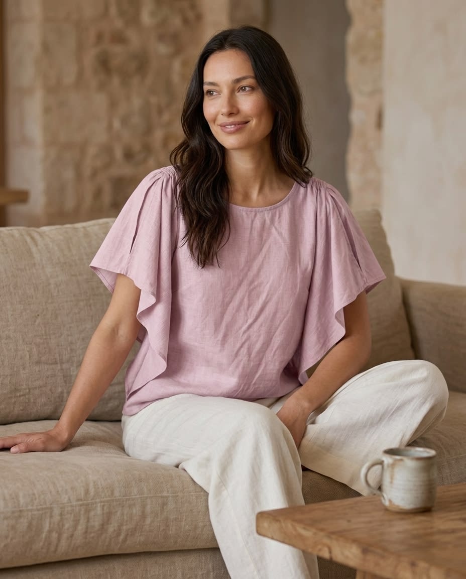 Ruffle-Sleeve Gathered Linen Blouse