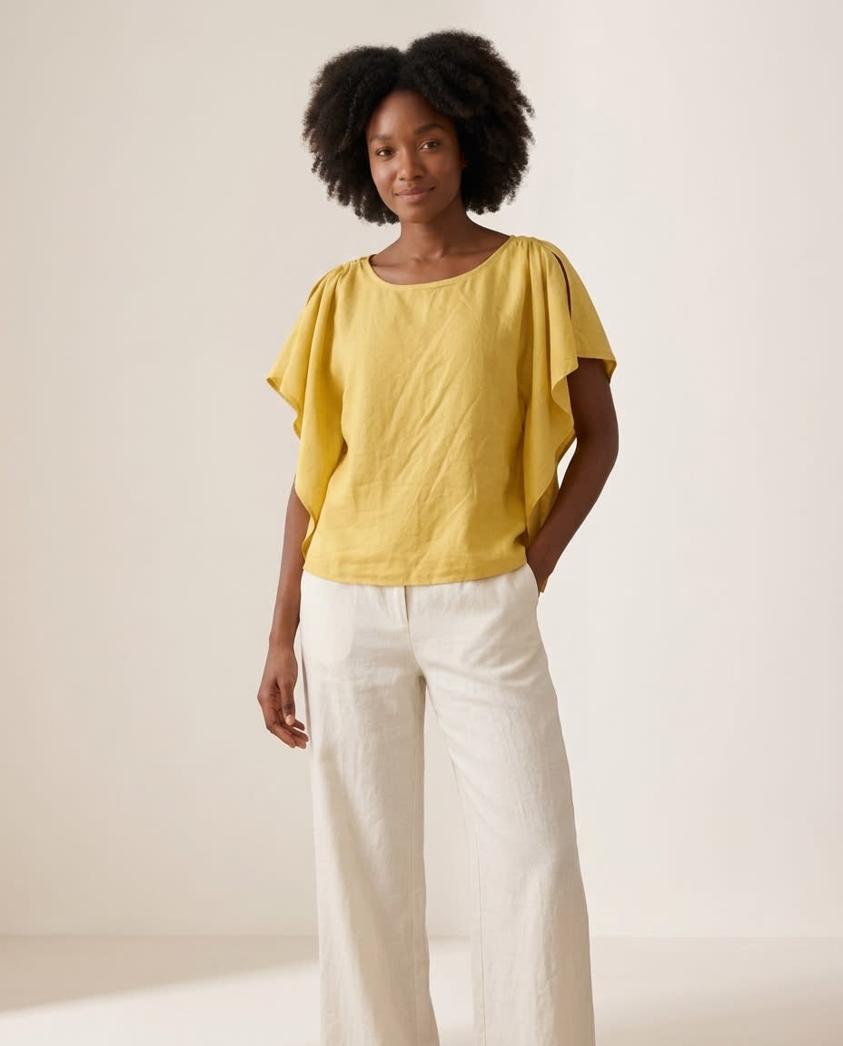 Ruffle-Sleeve Gathered Linen Blouse