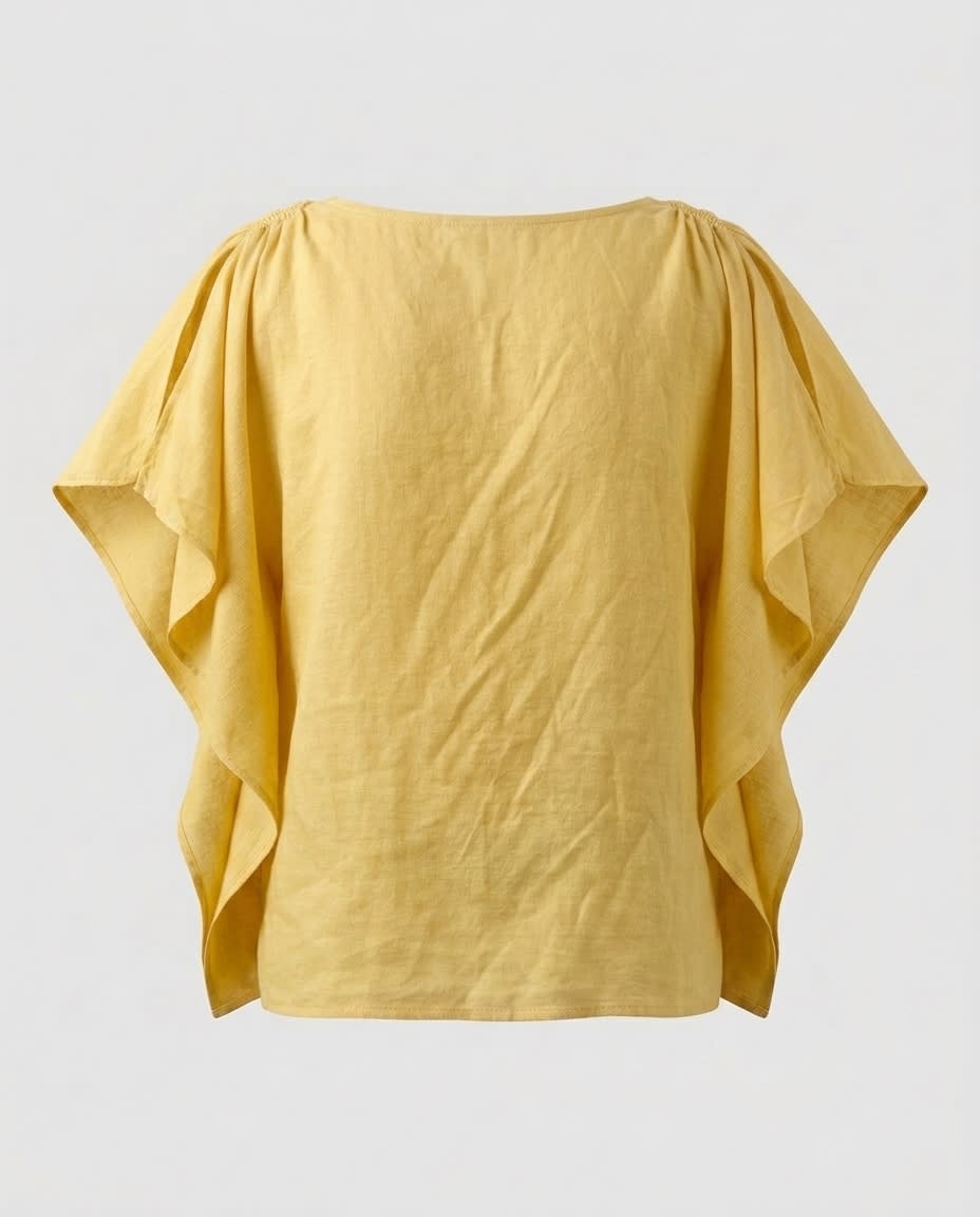 Ruffle-Sleeve Gathered Linen Blouse