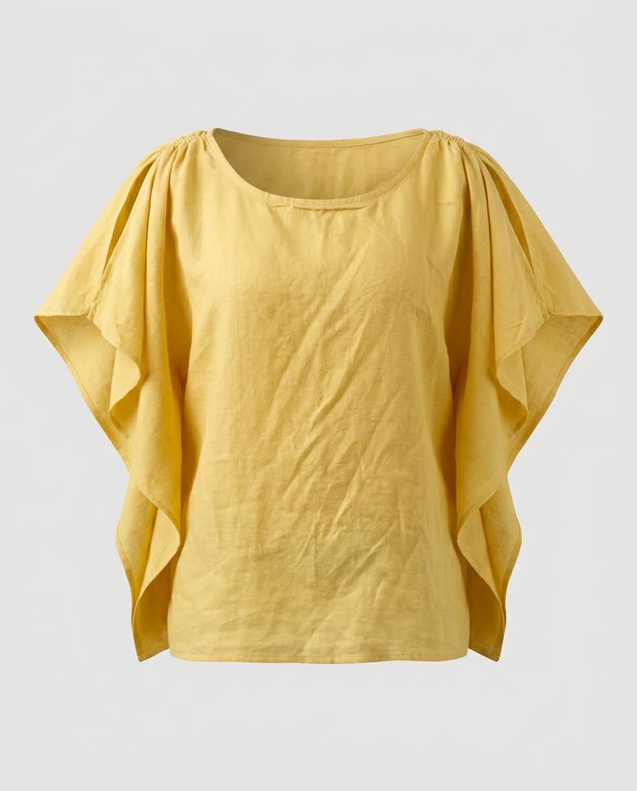 Ruffle-Sleeve Gathered Linen Blouse