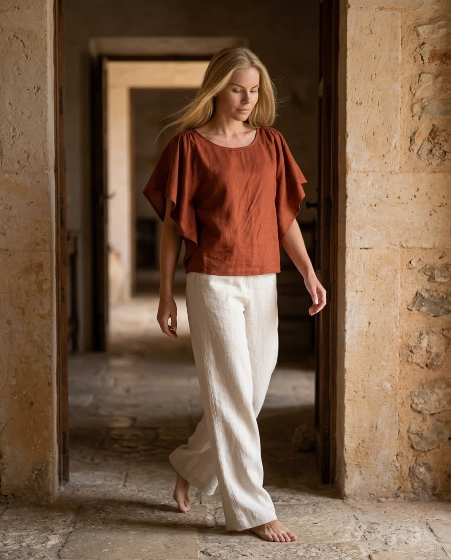 Ruffle-Sleeve Gathered Linen Blouse