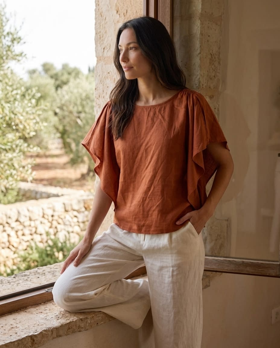 Ruffle-Sleeve Gathered Linen Blouse