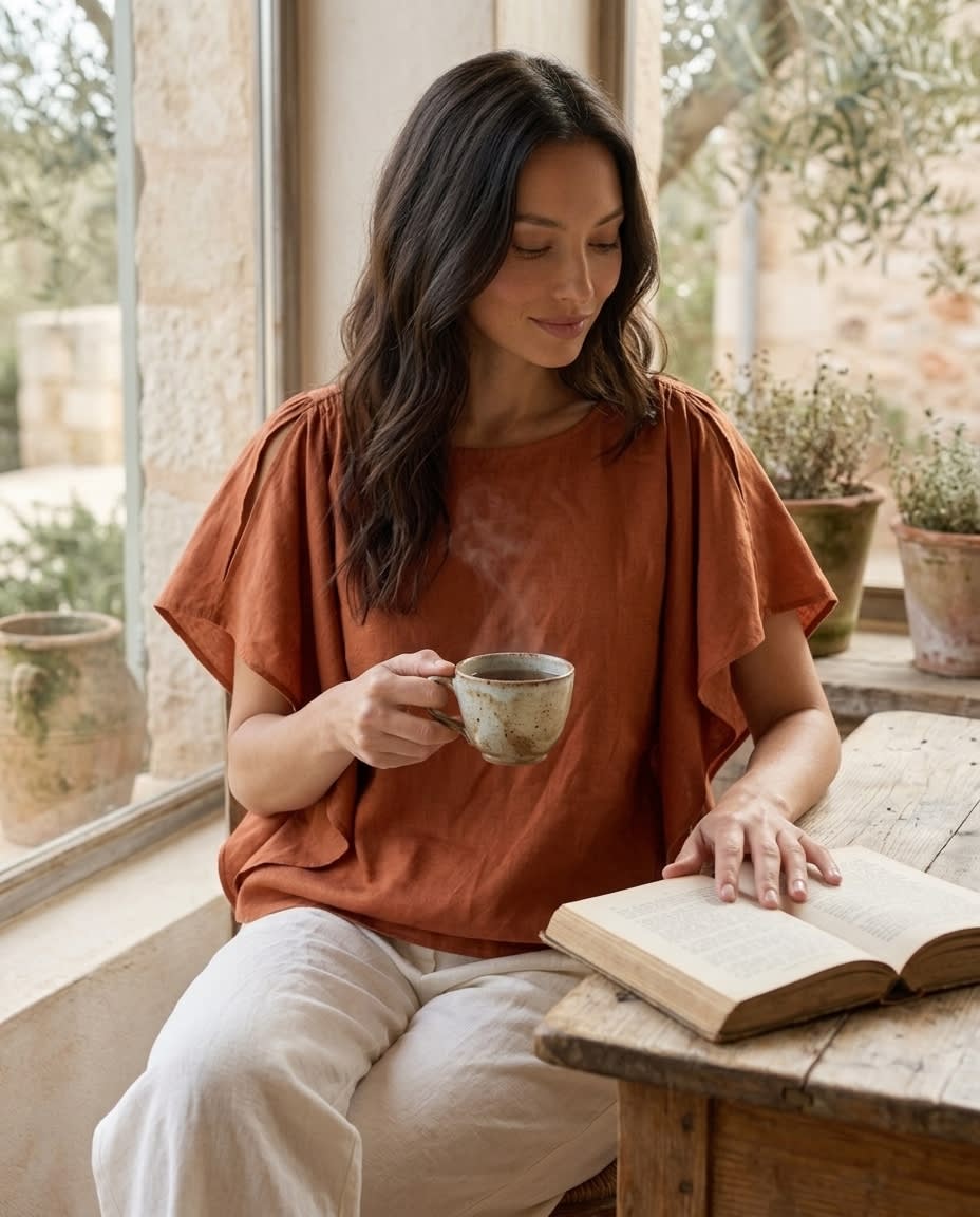 Ruffle-Sleeve Gathered Linen Blouse