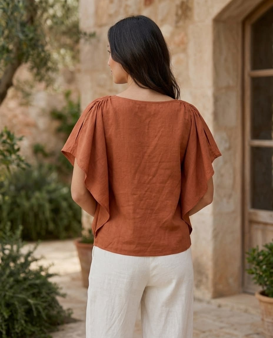 Ruffle-Sleeve Gathered Linen Blouse