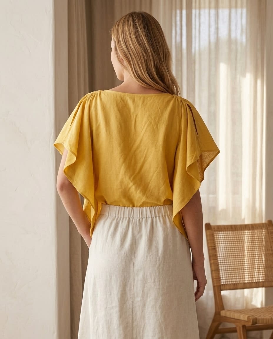 Ruffle-Sleeve Gathered Linen Blouse