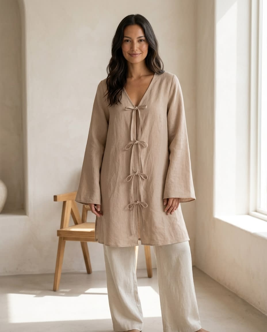 Tie-Front Bow Linen Tunic