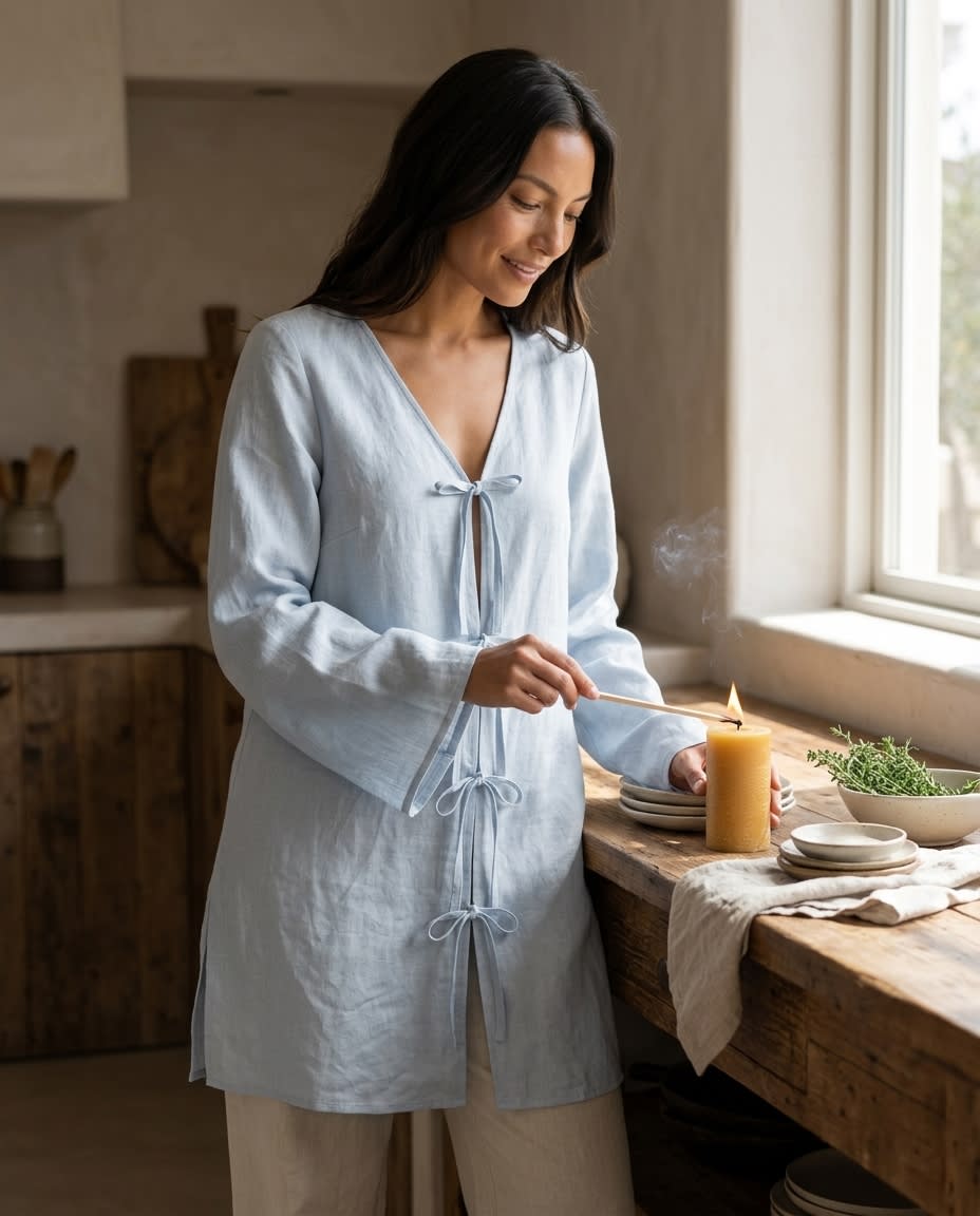 Tie-Front Bow Linen Tunic