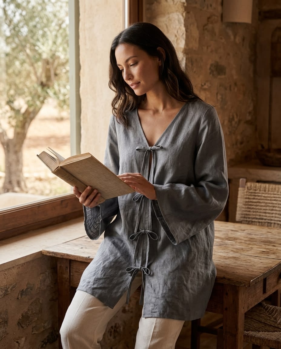 Tie-Front Bow Linen Tunic