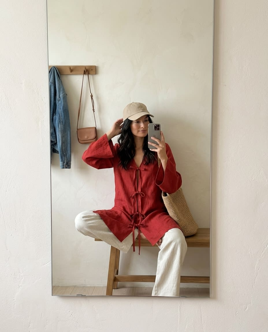 Tie-Front Bow Linen Tunic