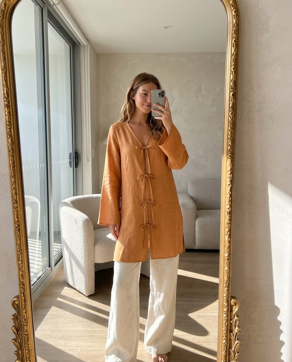 Tie-Front Bow Linen Tunic