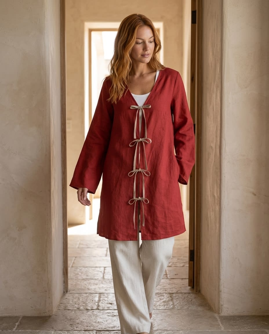 Tie-Front Bow Linen Tunic