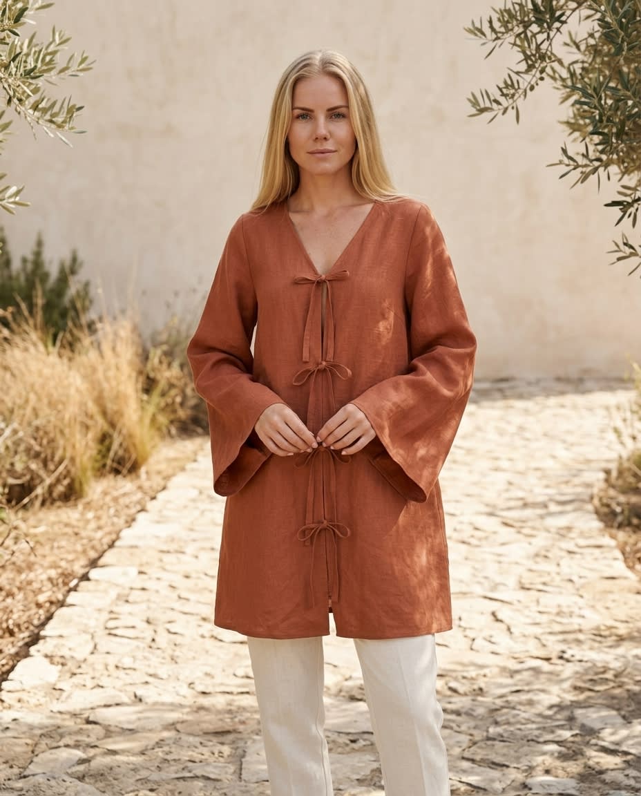 Tie-Front Bow Linen Tunic