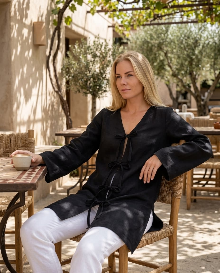 Tie-Front Bow Linen Tunic