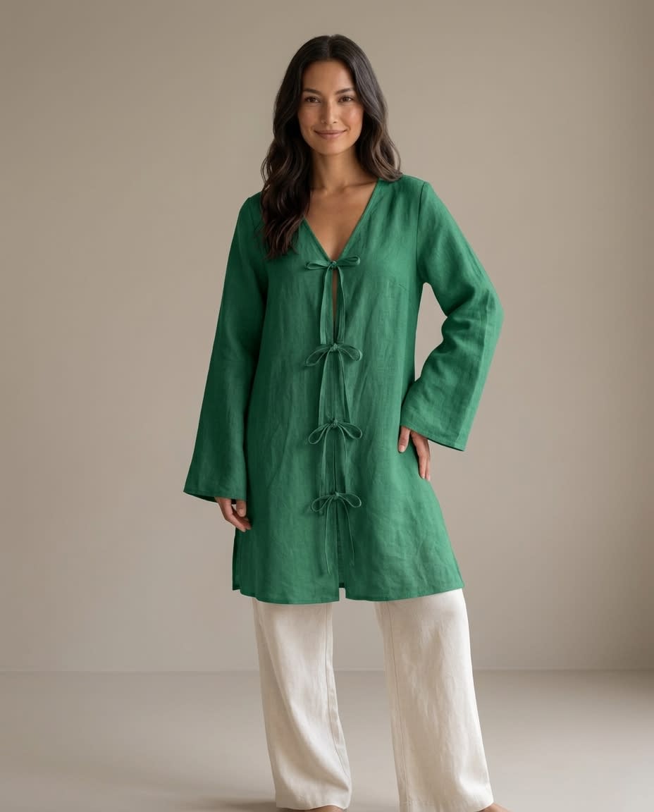 Tie-Front Bow Linen Tunic