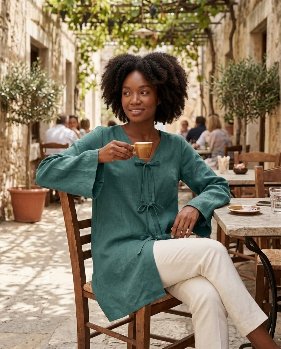 Tie-Front Bow Linen Tunic