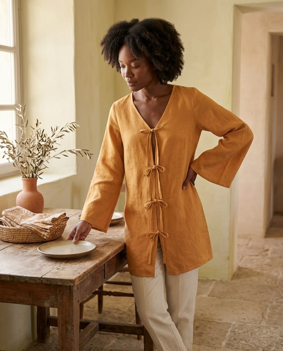 Tie-Front Bow Linen Tunic