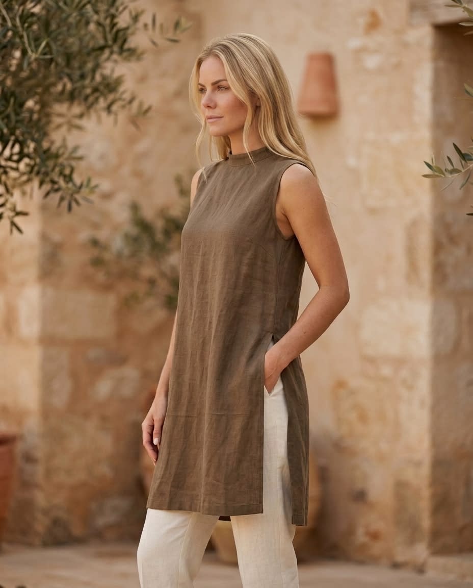 Sleeveless Mock Neck Linen Shift Dress