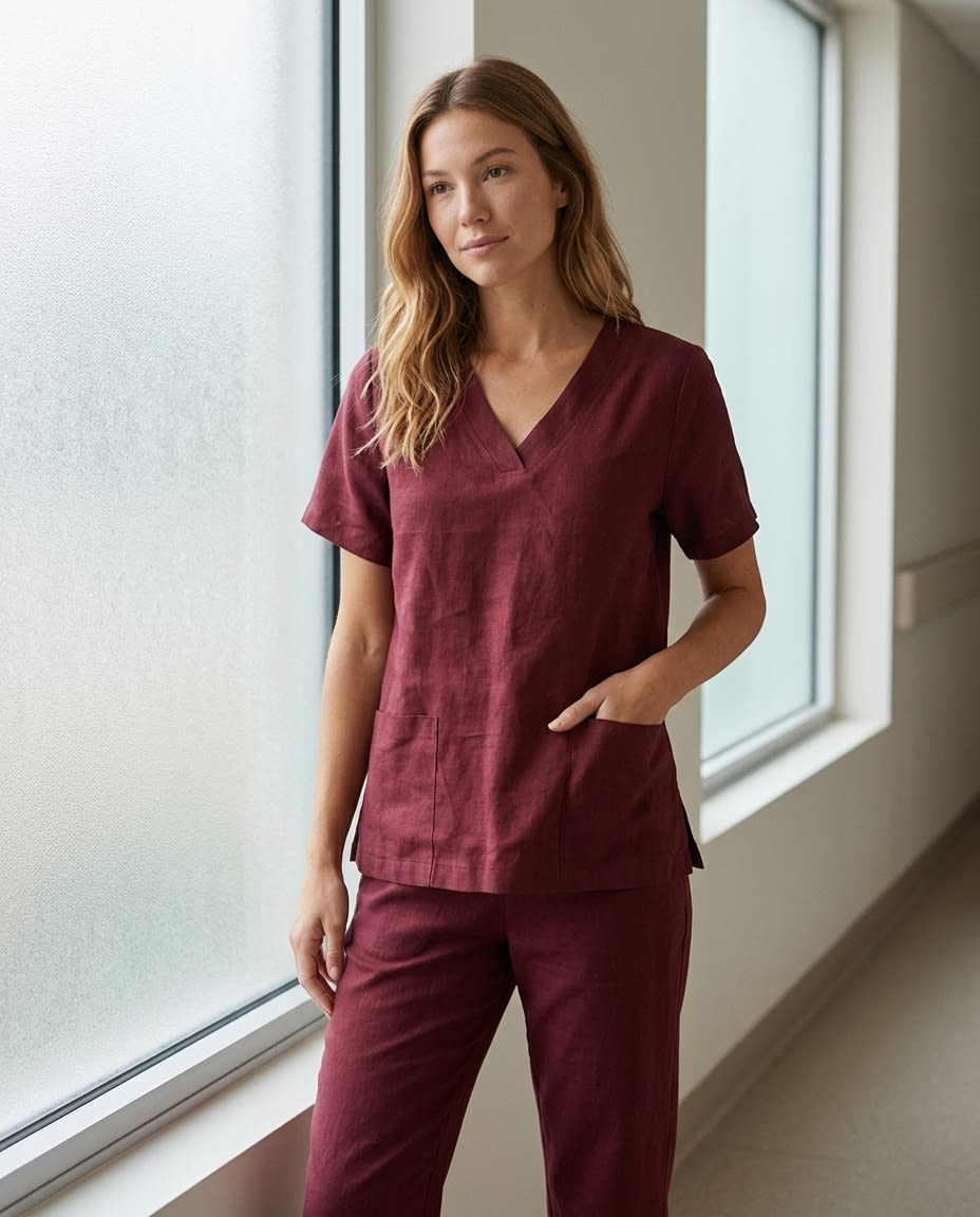 V-Neck Linen Scrub Top