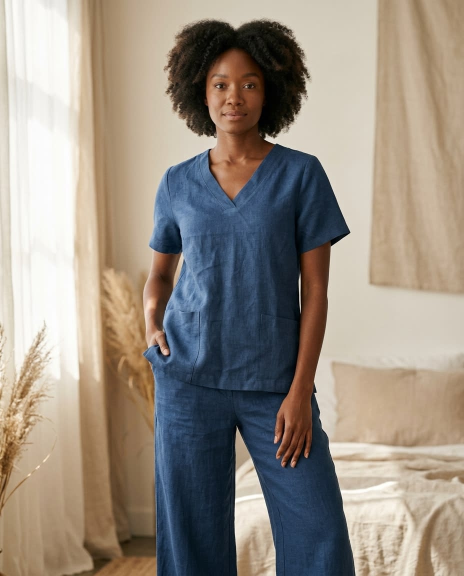 V-Neck Linen Scrub Top