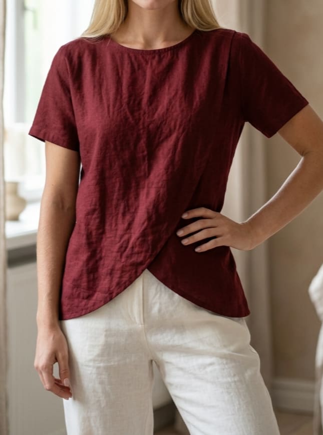 Petal-Hem Linen Tee Blouse