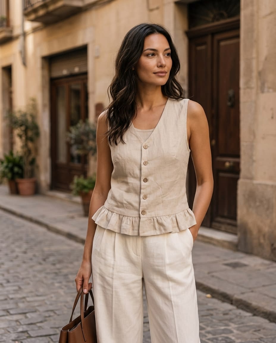 Ruffle Hem Buttoned Linen Vest Top