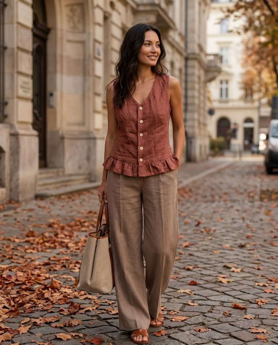 Ruffle Hem Buttoned Linen Vest Top