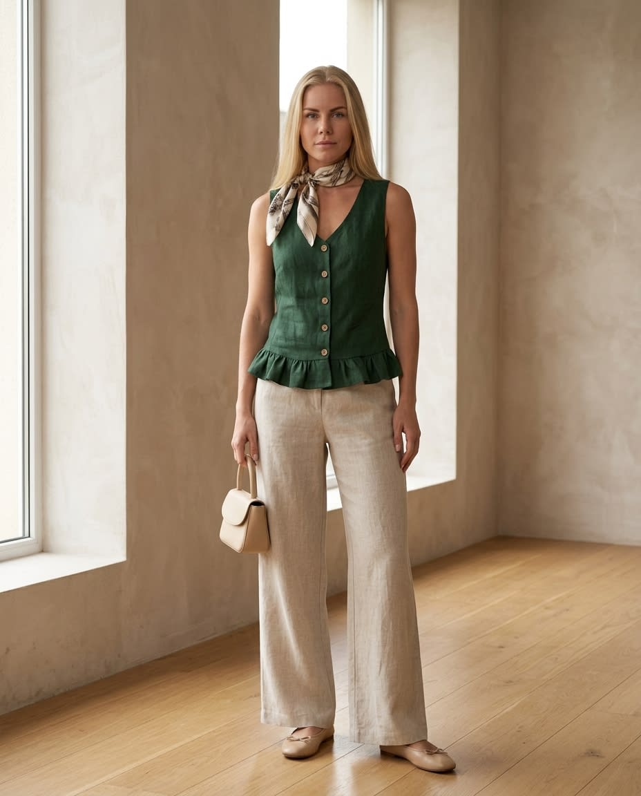 Ruffle Hem Buttoned Linen Vest Top