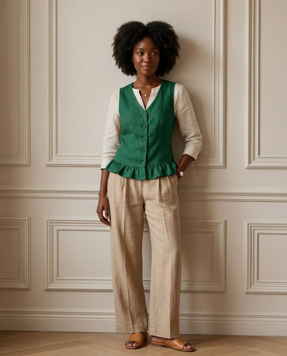 Ruffle Hem Buttoned Linen Vest Top