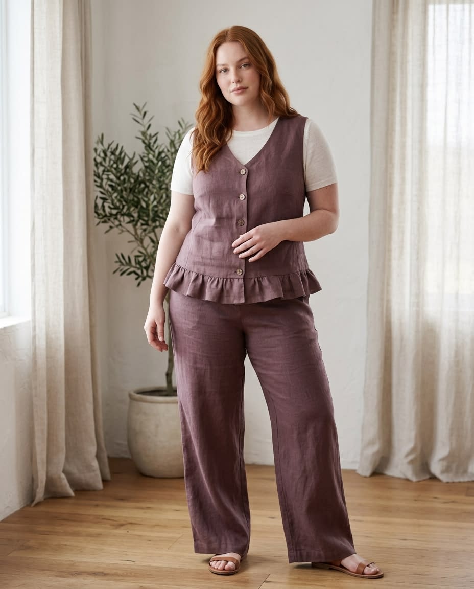 Ruffle Hem Buttoned Linen Vest Top