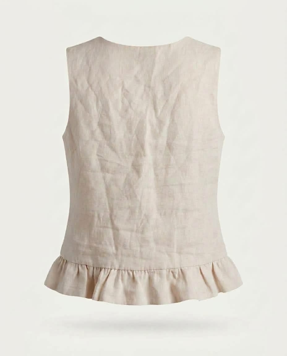 Ruffle Hem Buttoned Linen Vest Top