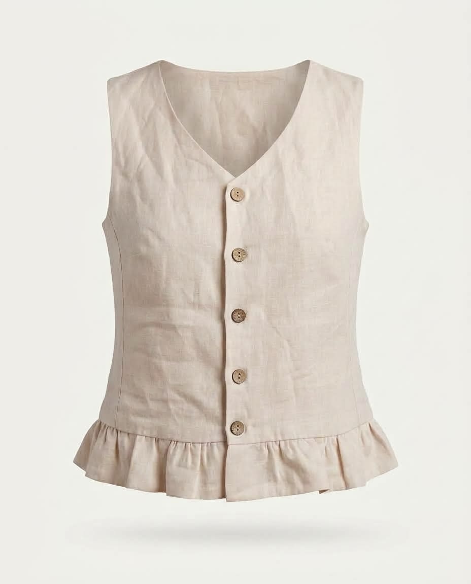 Ruffle Hem Buttoned Linen Vest Top