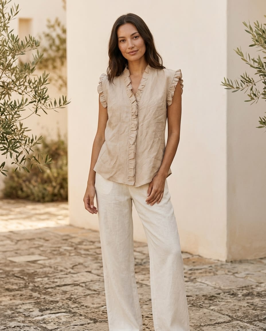 Ruffled Sleeveless Linen Blouse