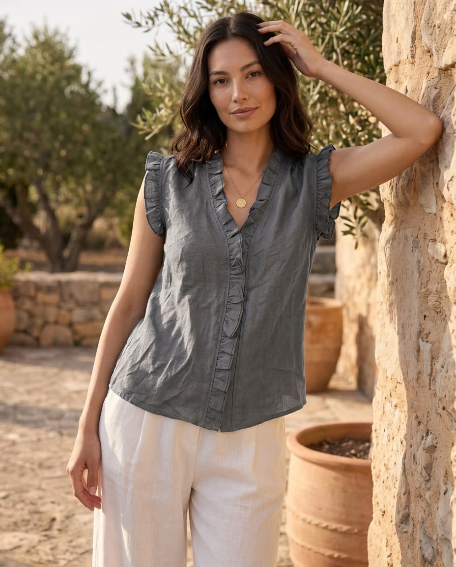 Ruffled Sleeveless Linen Blouse