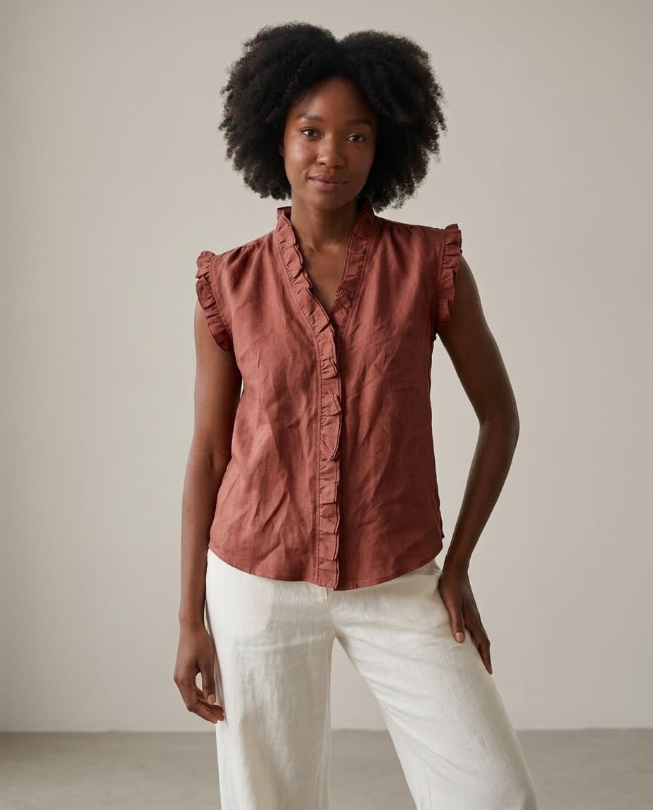 Ruffled Sleeveless Linen Blouse