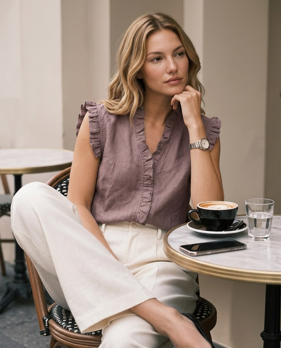 Ruffled Sleeveless Linen Blouse