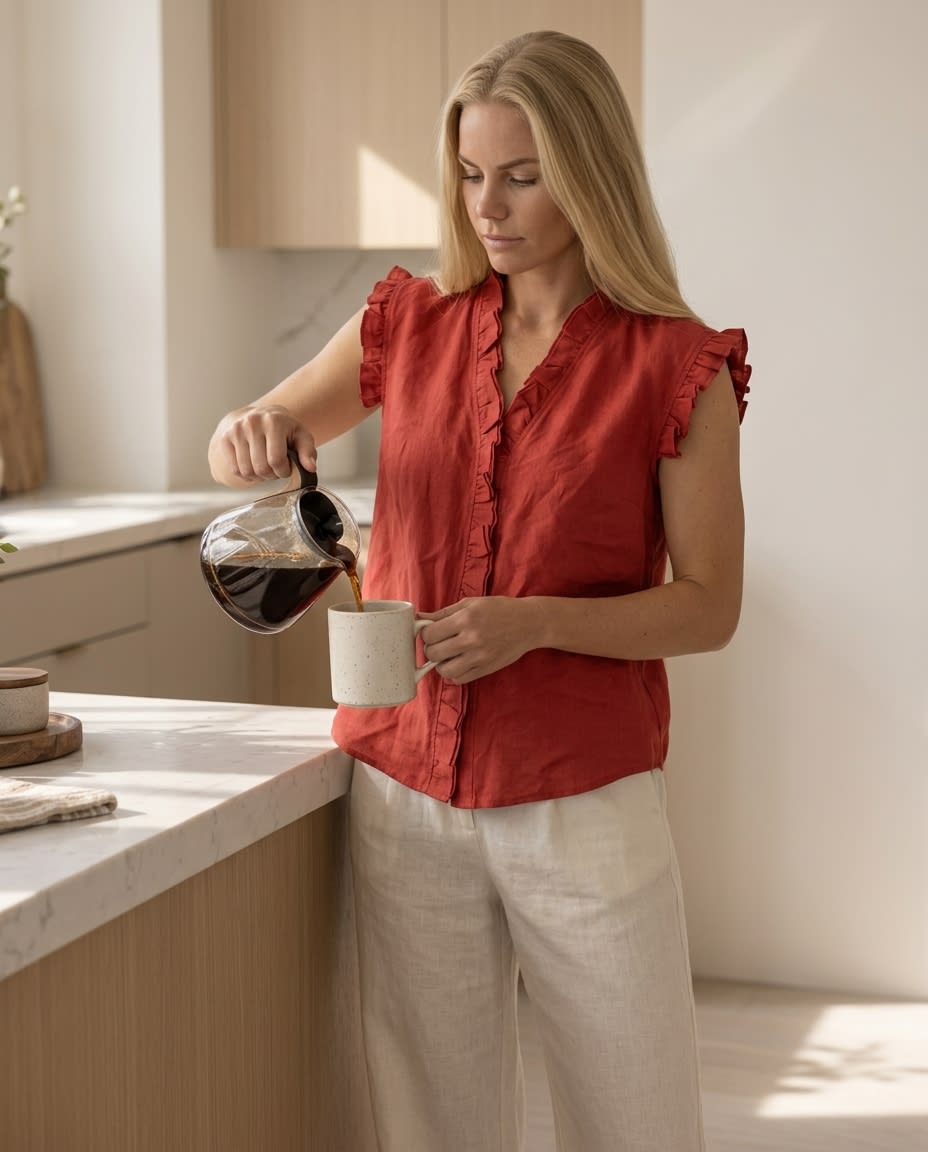 Ruffled Sleeveless Linen Blouse