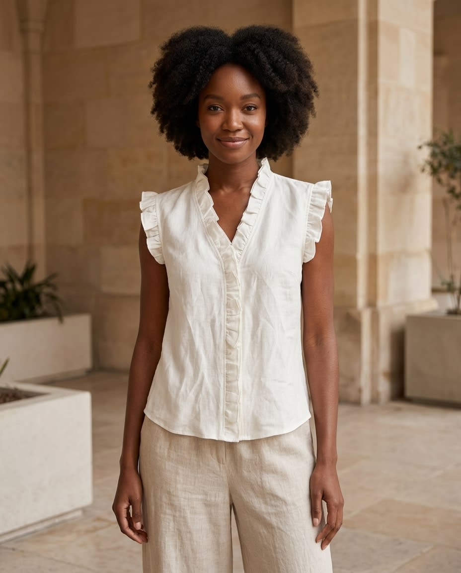 Ruffled Sleeveless Linen Blouse