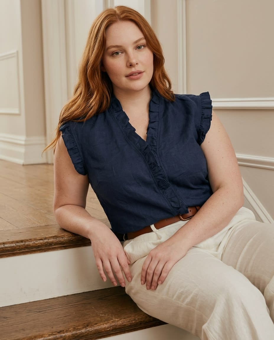 Ruffled Sleeveless Linen Blouse
