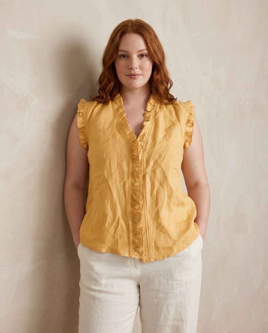 Ruffled Sleeveless Linen Blouse
