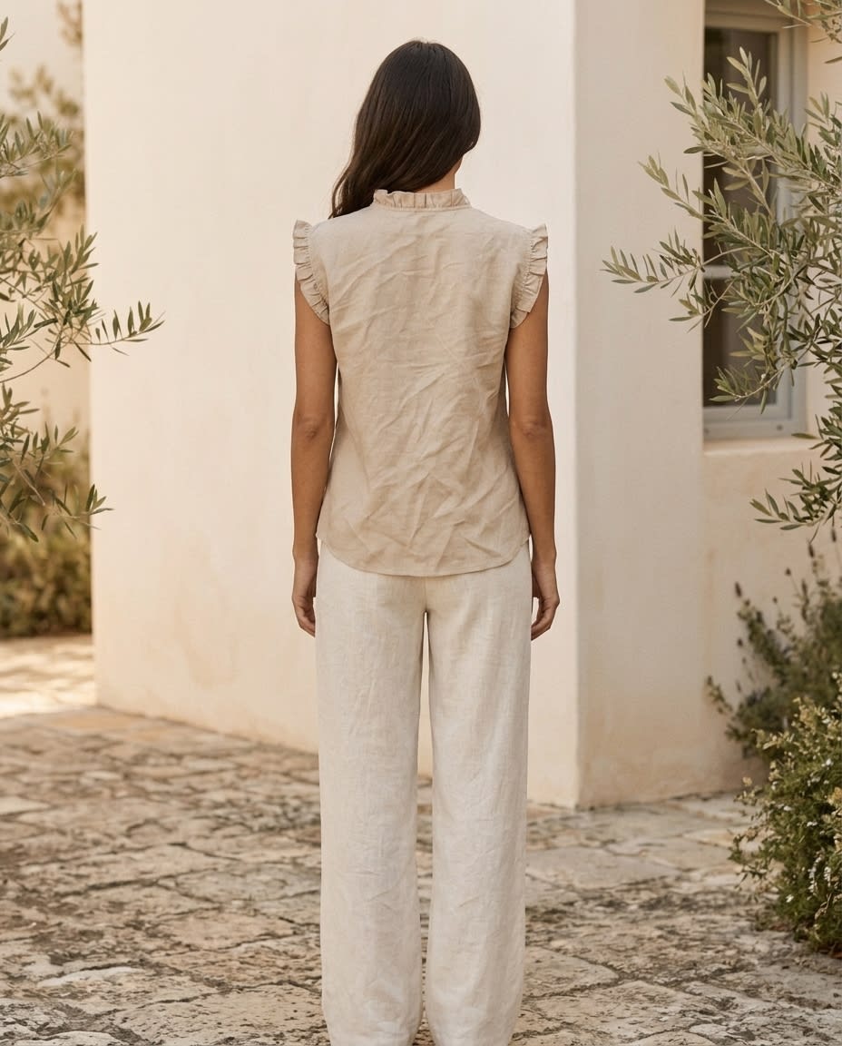Ruffled Sleeveless Linen Blouse