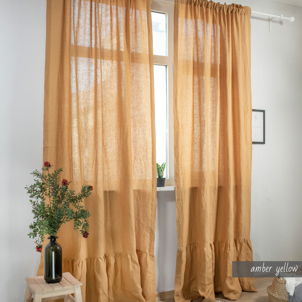 RUFFLED Linen Curtains with rod pocket 41 COLOR 100% Natural European Linen Farmhouse Kitchen Window Amber Yellow Saffron Ship from USA