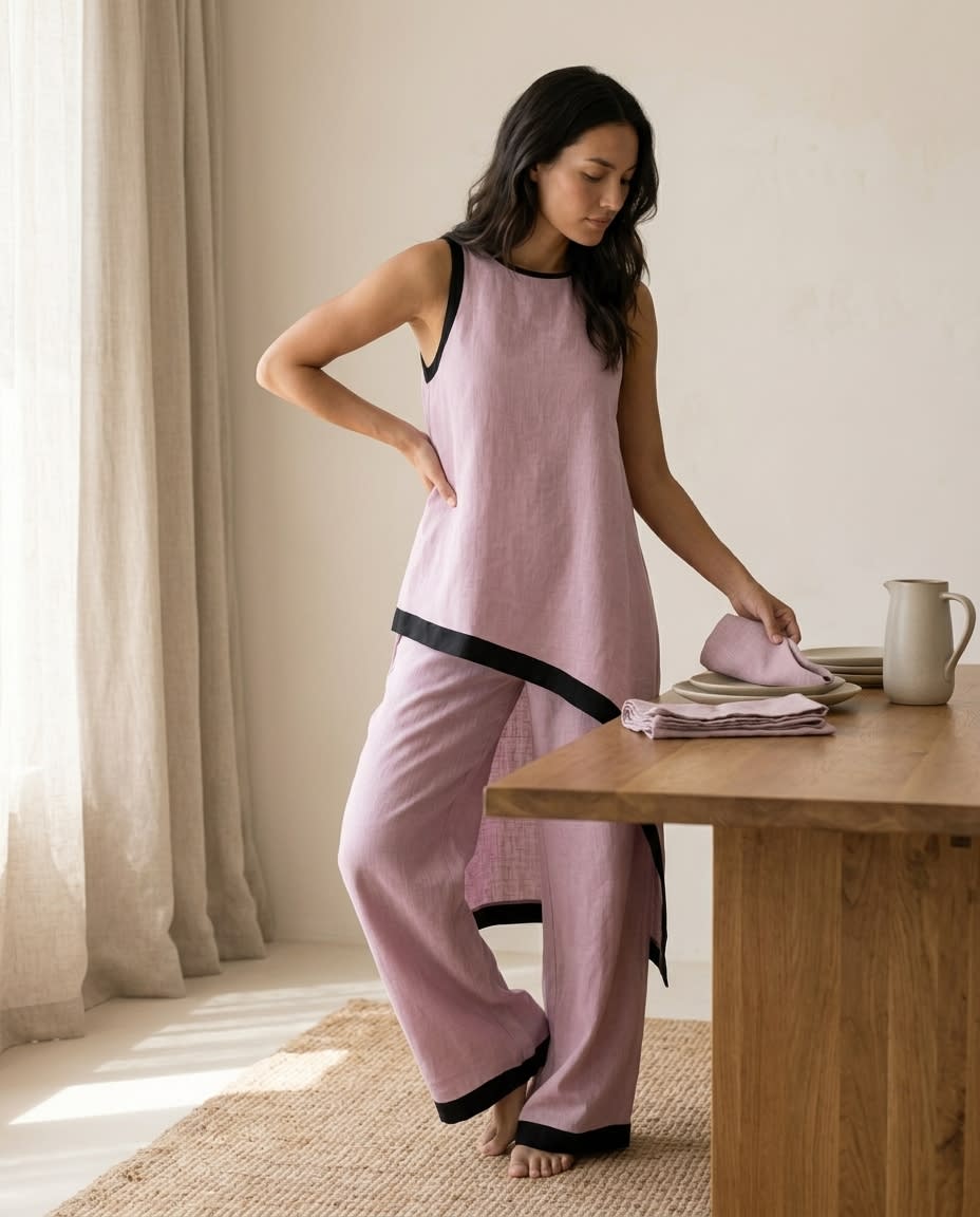 Contrast-Trim Asymmetric Linen Set