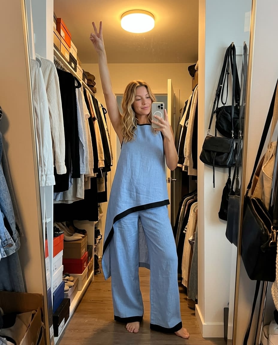 Contrast-Trim Asymmetric Linen Set