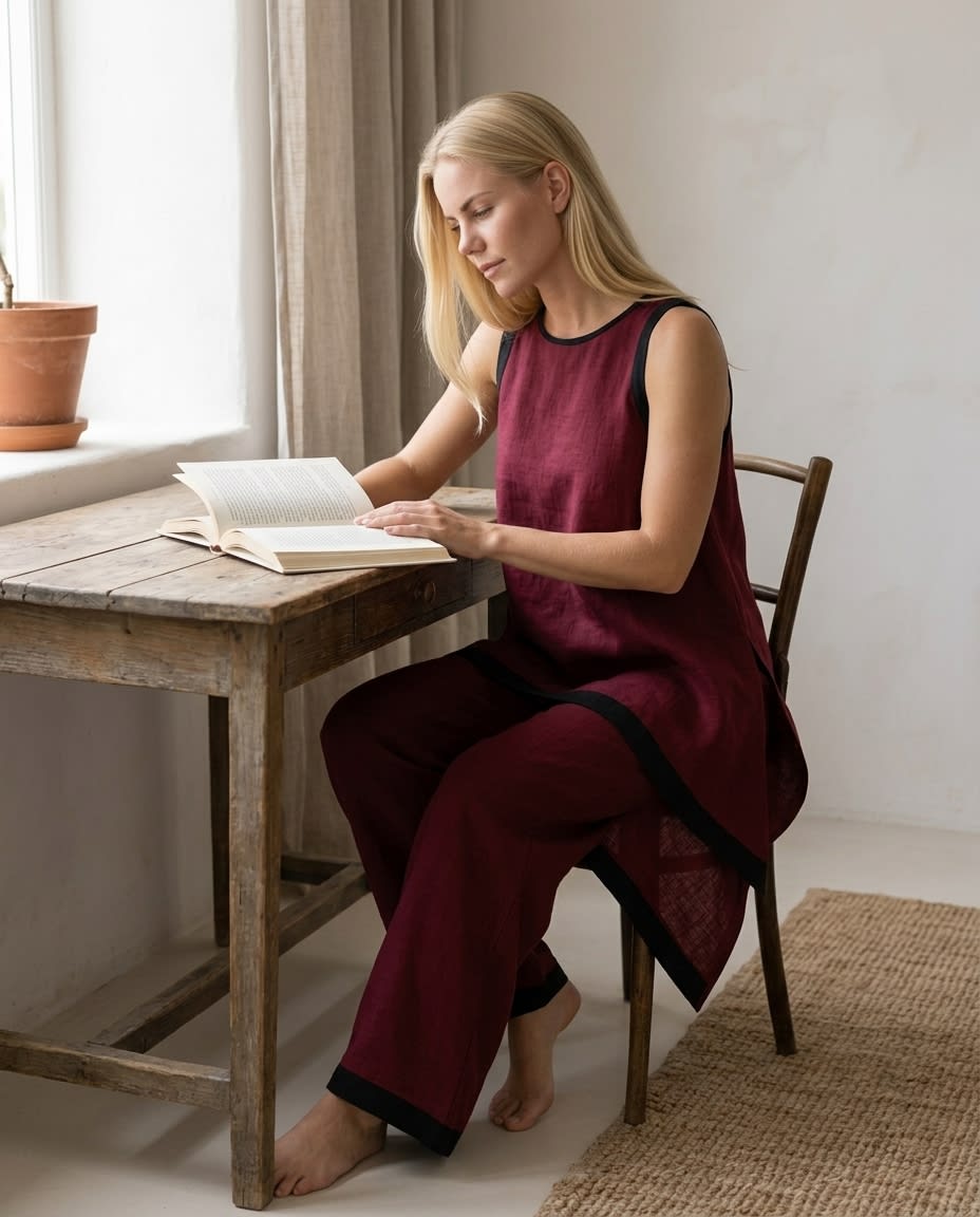 Contrast-Trim Asymmetric Linen Set