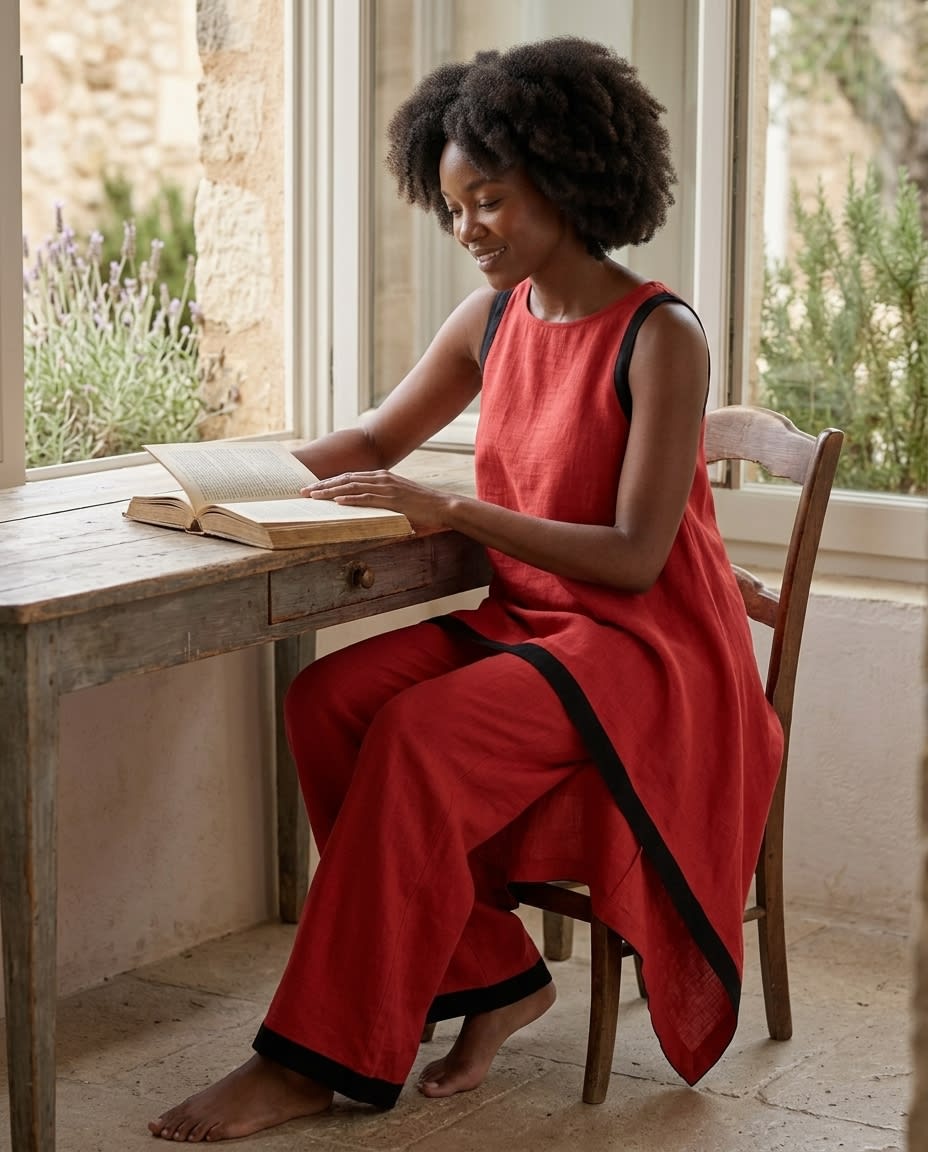 Contrast-Trim Asymmetric Linen Set