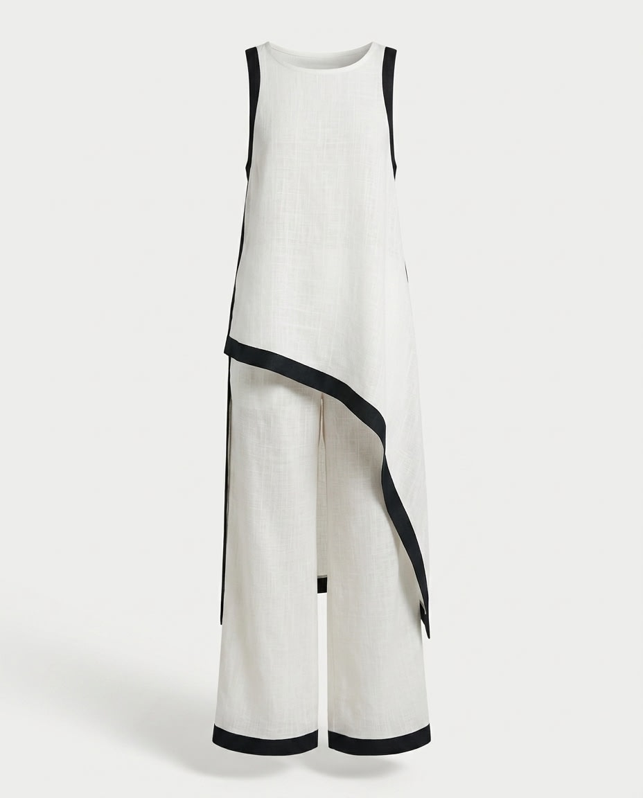 Contrast-Trim Asymmetric Linen Set