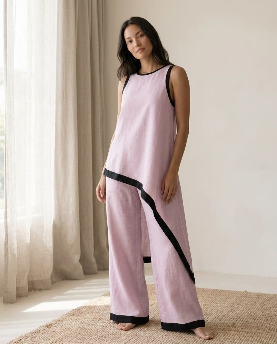 Contrast-Trim Asymmetric Linen Set