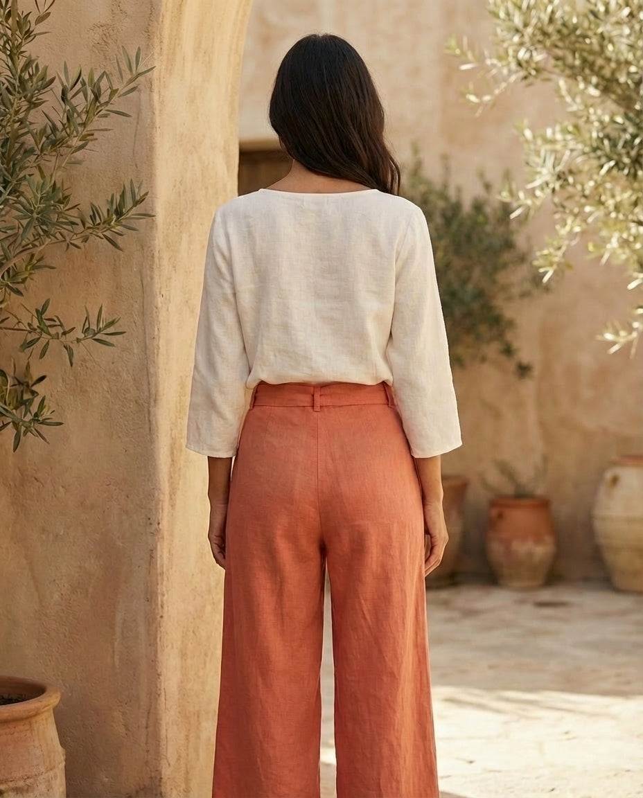Wide-Leg Linen Pants with Belt