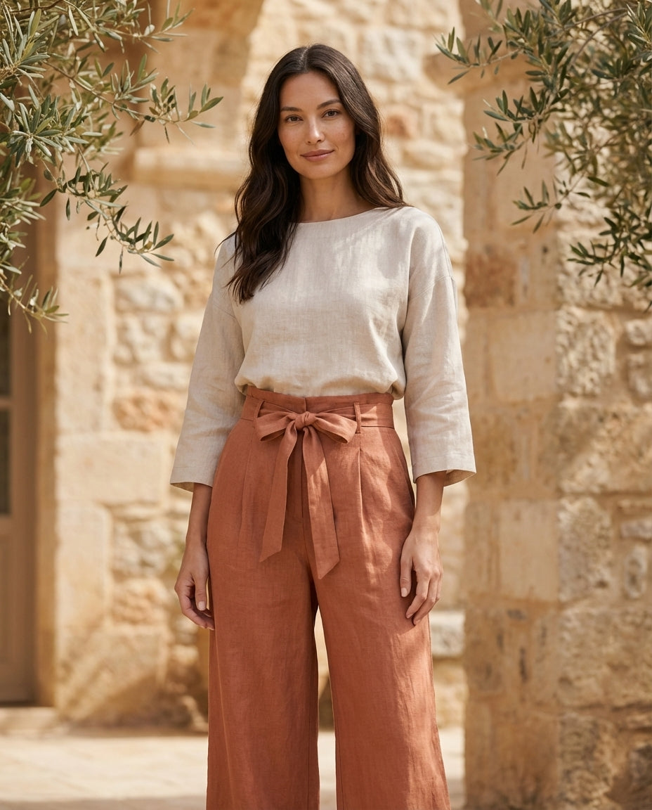 Wide-Leg Linen Pants with Belt