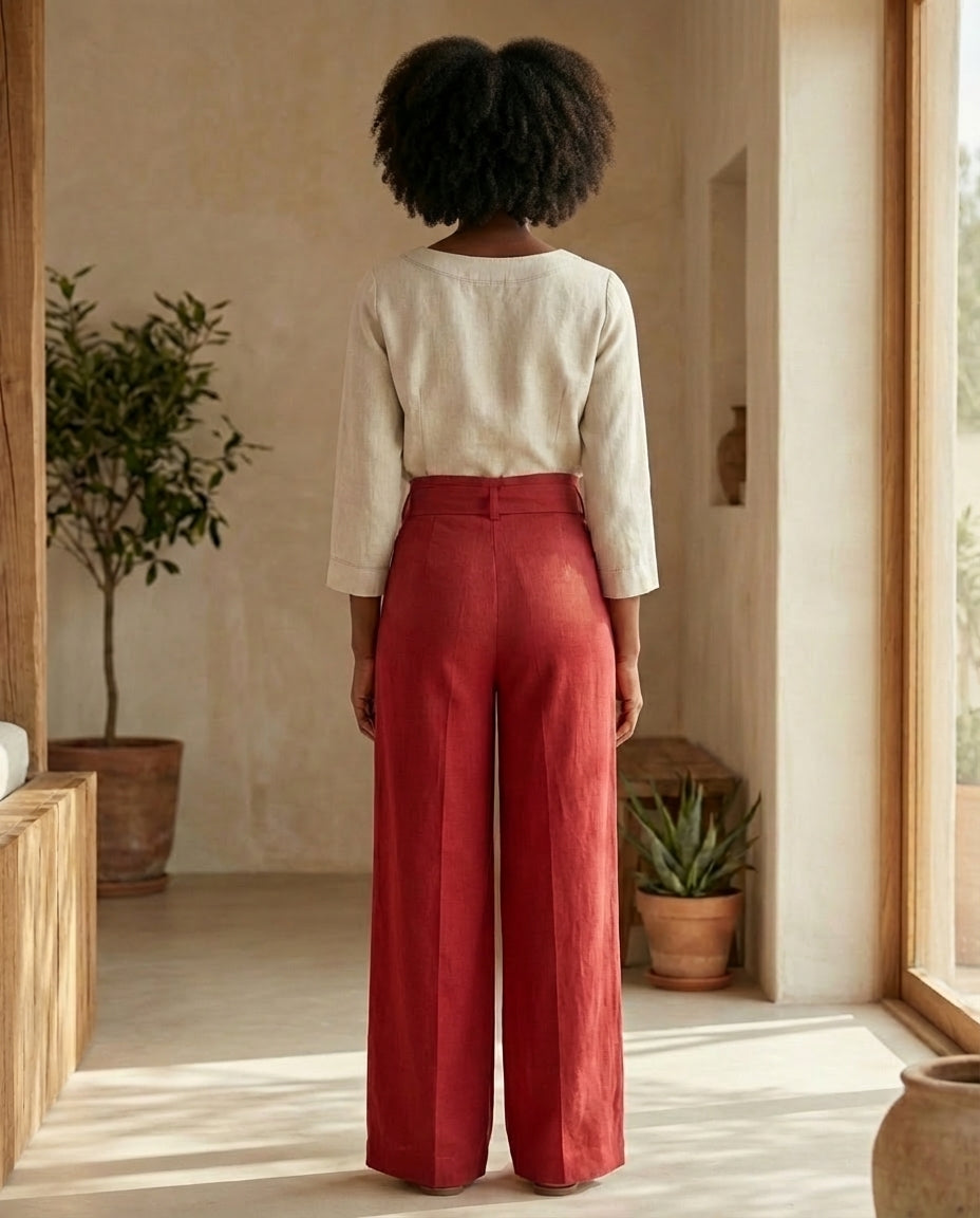 Wide-Leg Linen Pants with Belt